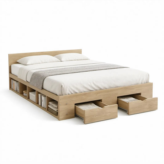 Sengeramme 160 x 200 cm med integreret opbevaring i natur eg