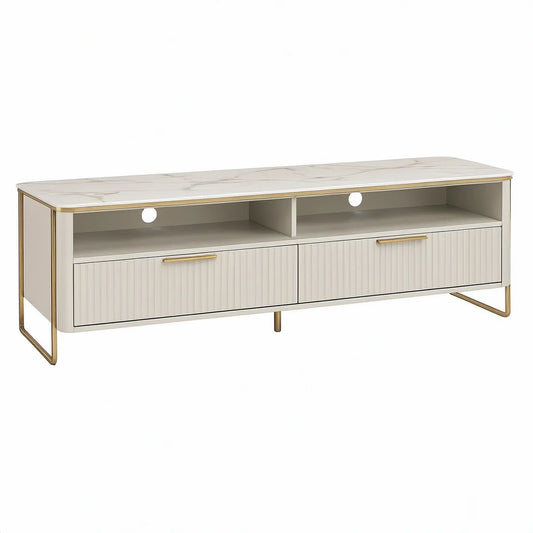 TV-bænk med 2 skuffer og åbne rum, 160 x 40 x 55 cm, hvid/grå/guld