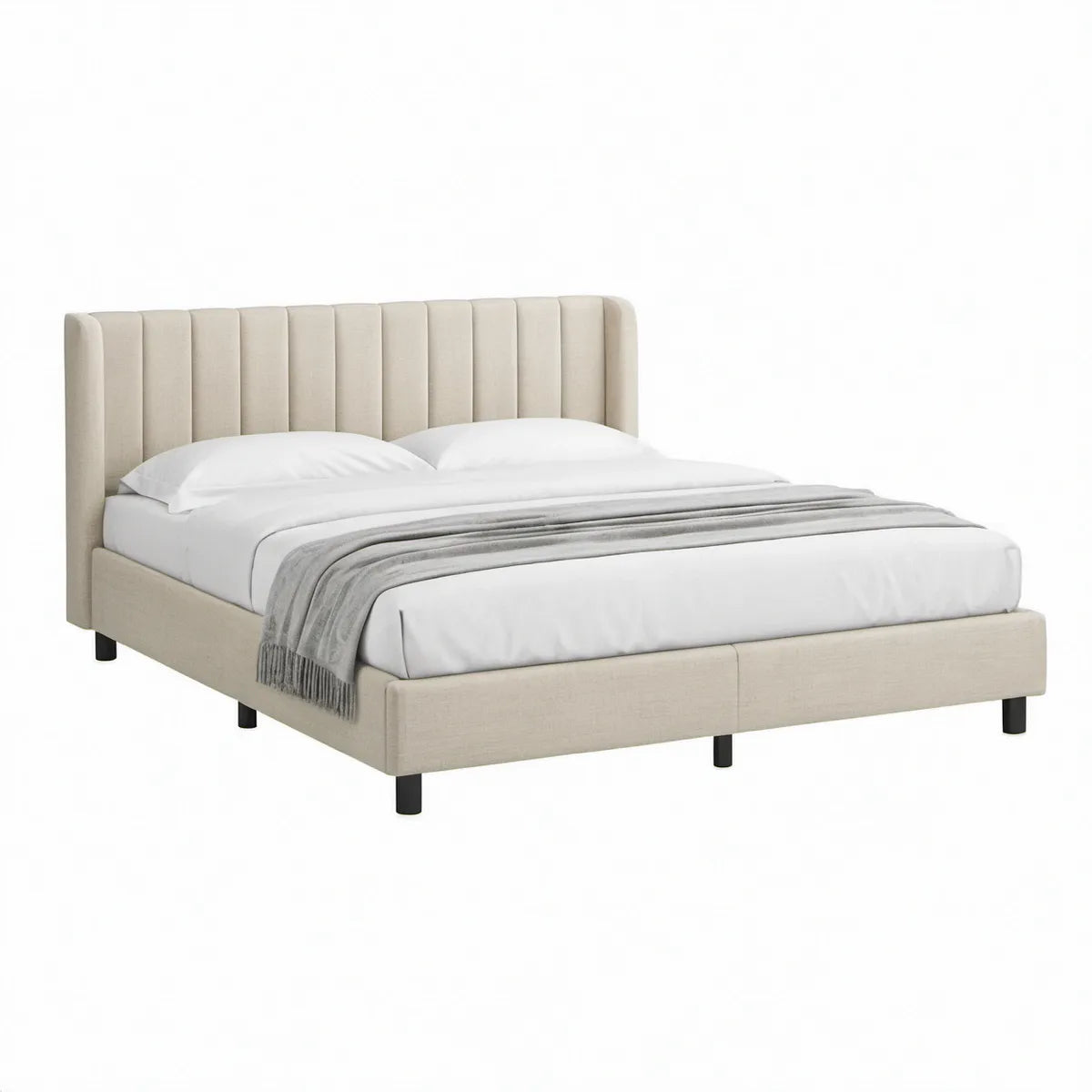 Polstret dobbeltseng 160 x 200 cm med kanalquiltet hovedgavl, beige