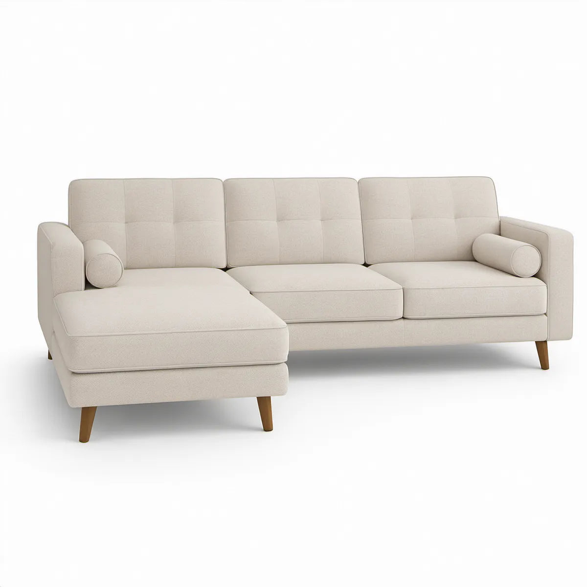 Venstrevendt hjørnesofa med chaiselong, beige polyester, 250 x 150 x 85 cm
