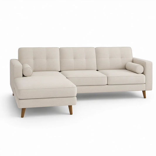 Venstrevendt hjørnesofa med chaiselong, beige polyester, 250 x 150 x 85 cm