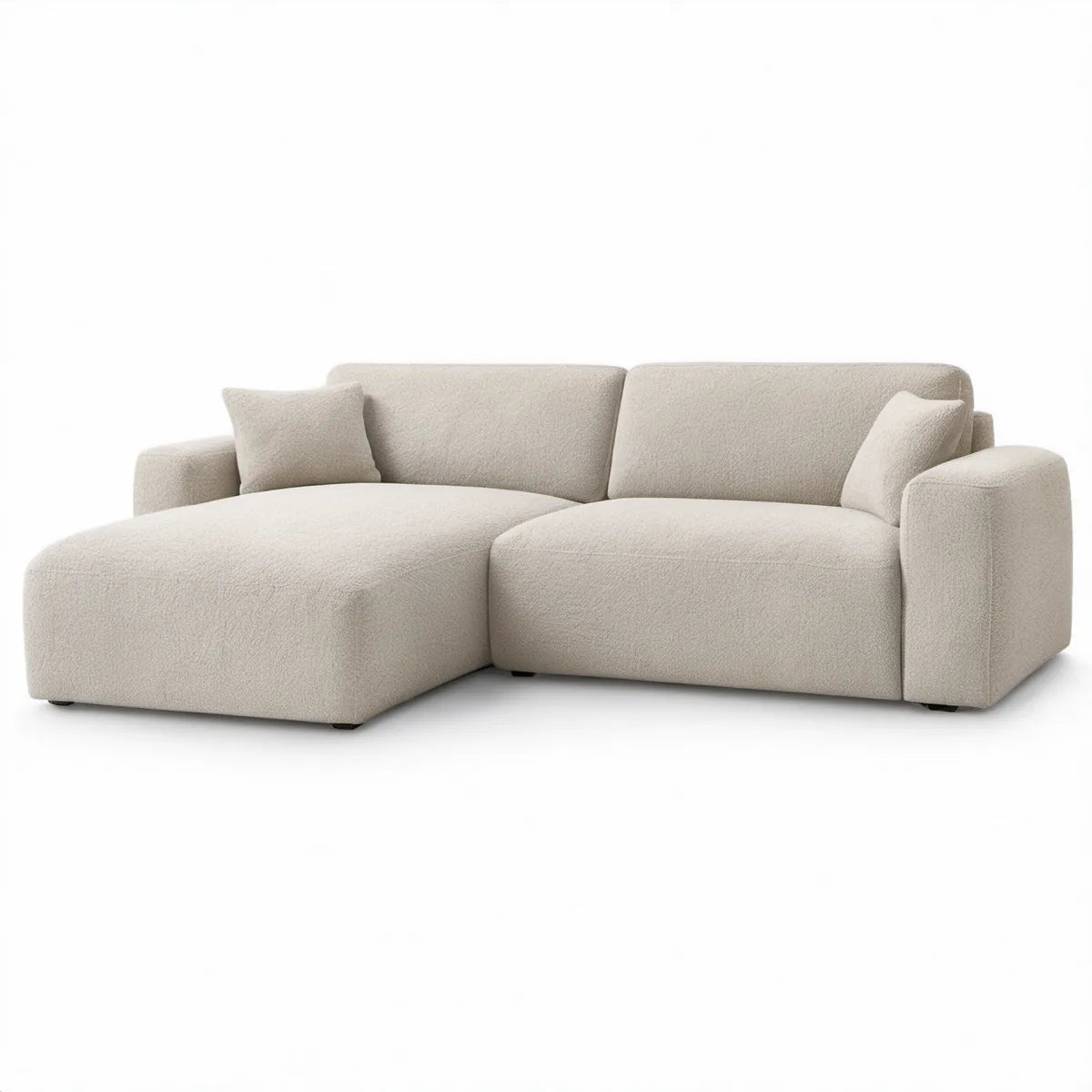3-personers L-formet chaiselongsofa i bouclé, cremehvid med sorte ben, 250 x 160 x 78 cm