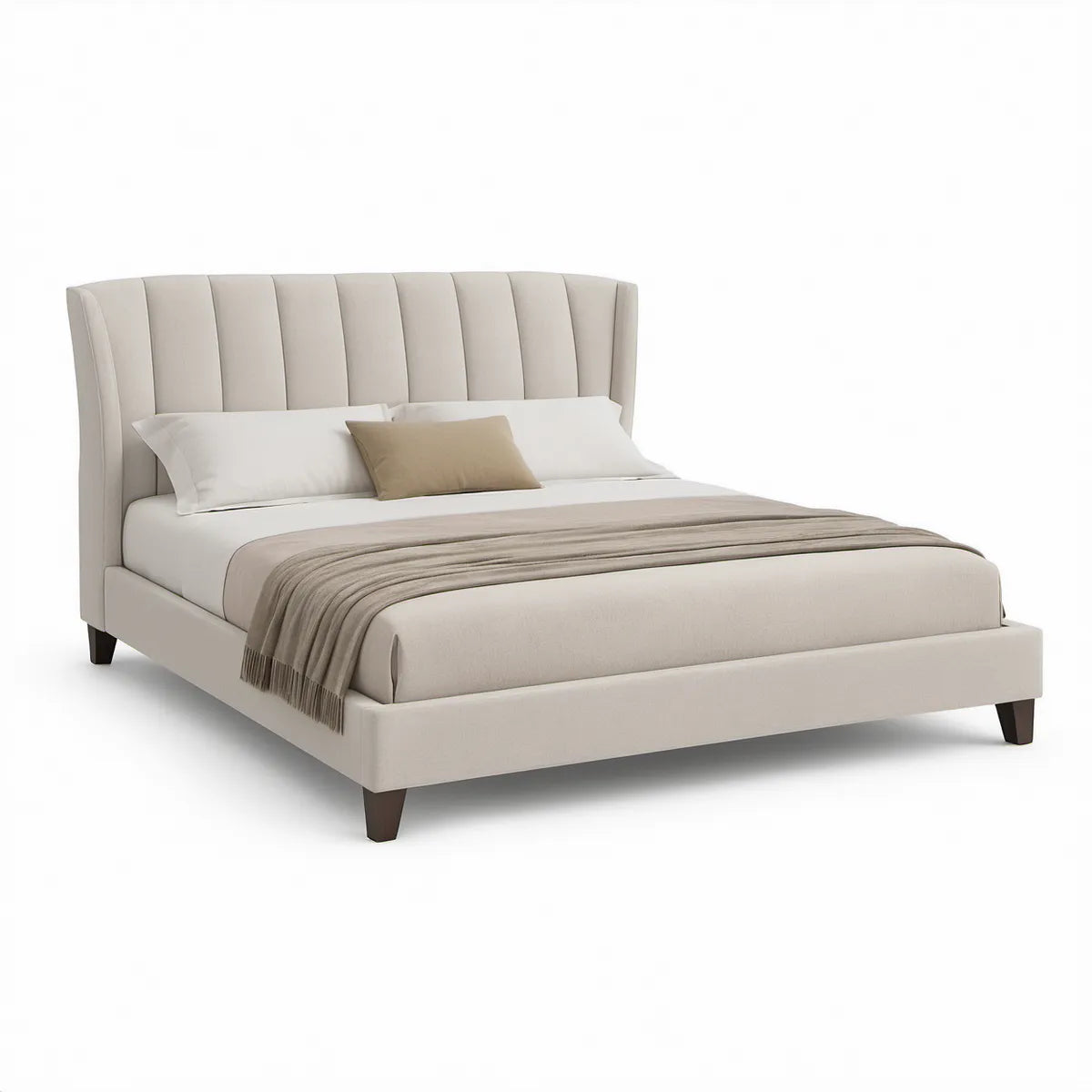 Polstret dobbeltseng 180 x 200 cm med buet sengegavl i beige