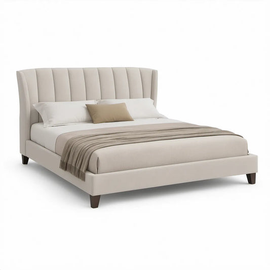 Polstret dobbeltseng 180 x 200 cm med buet sengegavl i beige