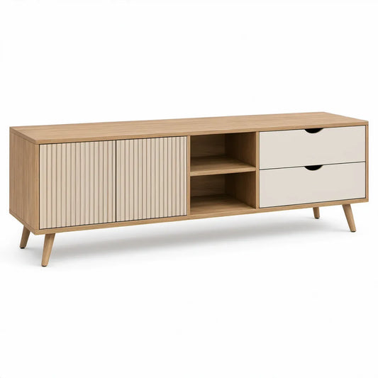 TV-bænk med skydedøre og skuffer, 160 x 40 x 60 cm, natur eg og beige