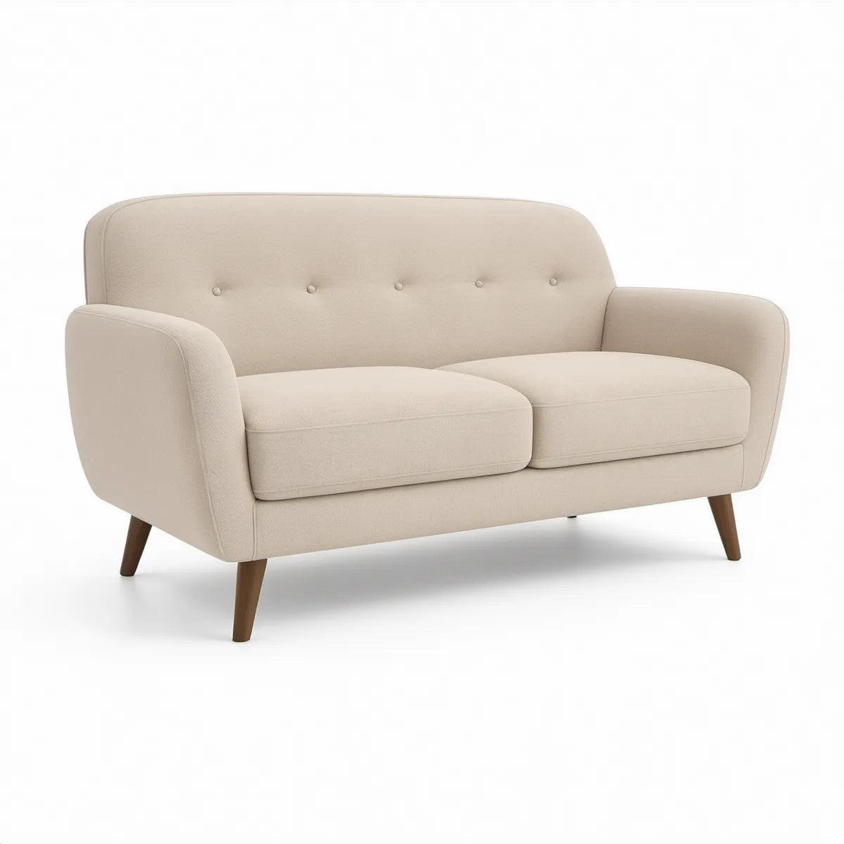 2-personers sofa i beige polyester med brune træben, 140 x 78 x 82 cm