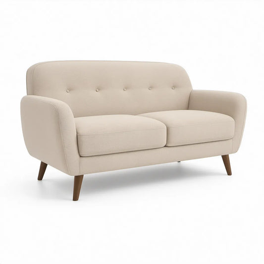 2-personers sofa i beige polyester med brune træben, 140 x 78 x 82 cm