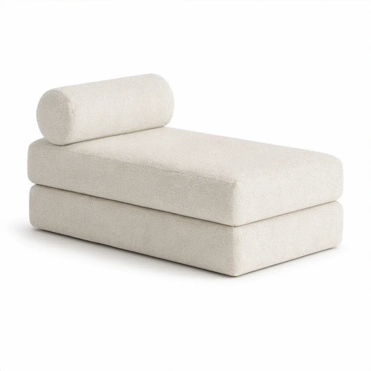 Chaiselong med rund nakkepude, 160 x 90 x 68 cm, bouclé, creme