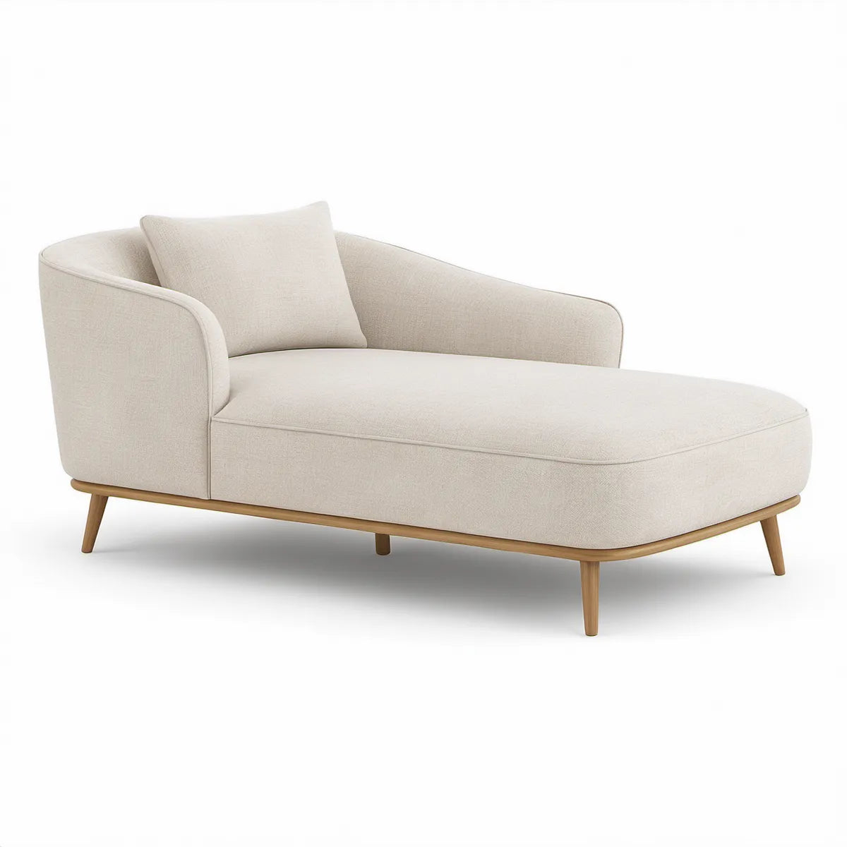 Chaiselong med venstre armlæn i cremefarvet polyester og gummitræ, 160 x 85 x 75 cm