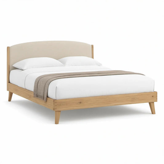 Seng i natur eg med buet polstret gavl i beige, 160 x 200 cm
