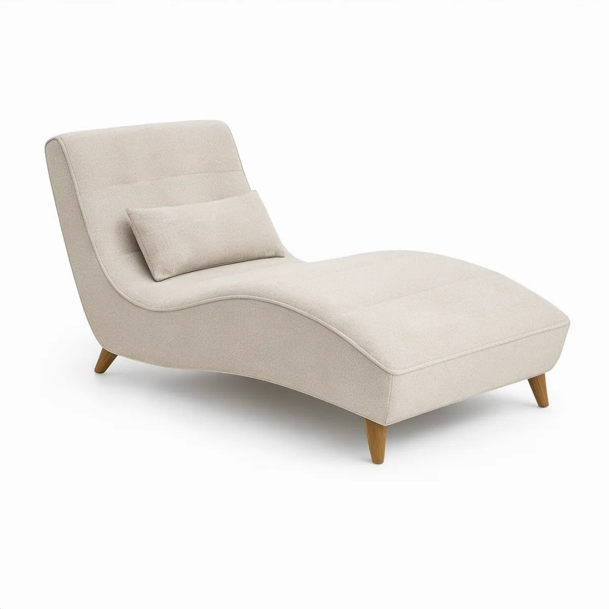 Beige chaiselong med polyesterbetræk, træben og pyntepude, 160 x 75 x 88 cm