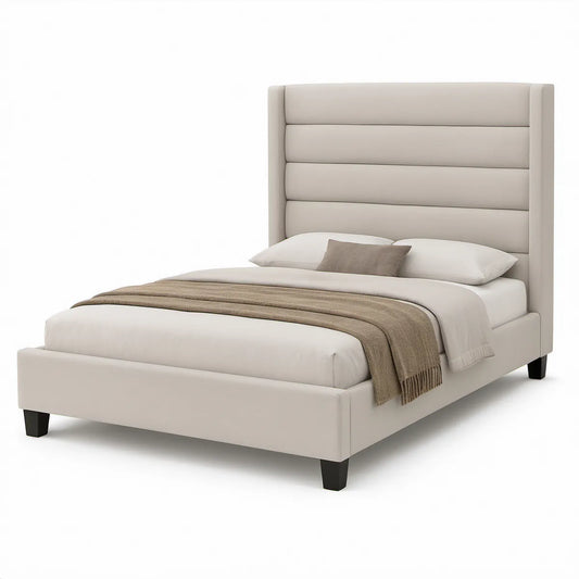 Polstret dobbeltseng med sengegavl 160 x 200 cm, beige/sort