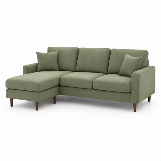 Olivengrøn hjørnesofa med venstrevendt chaiselong, 230 x 150 x 85 cm