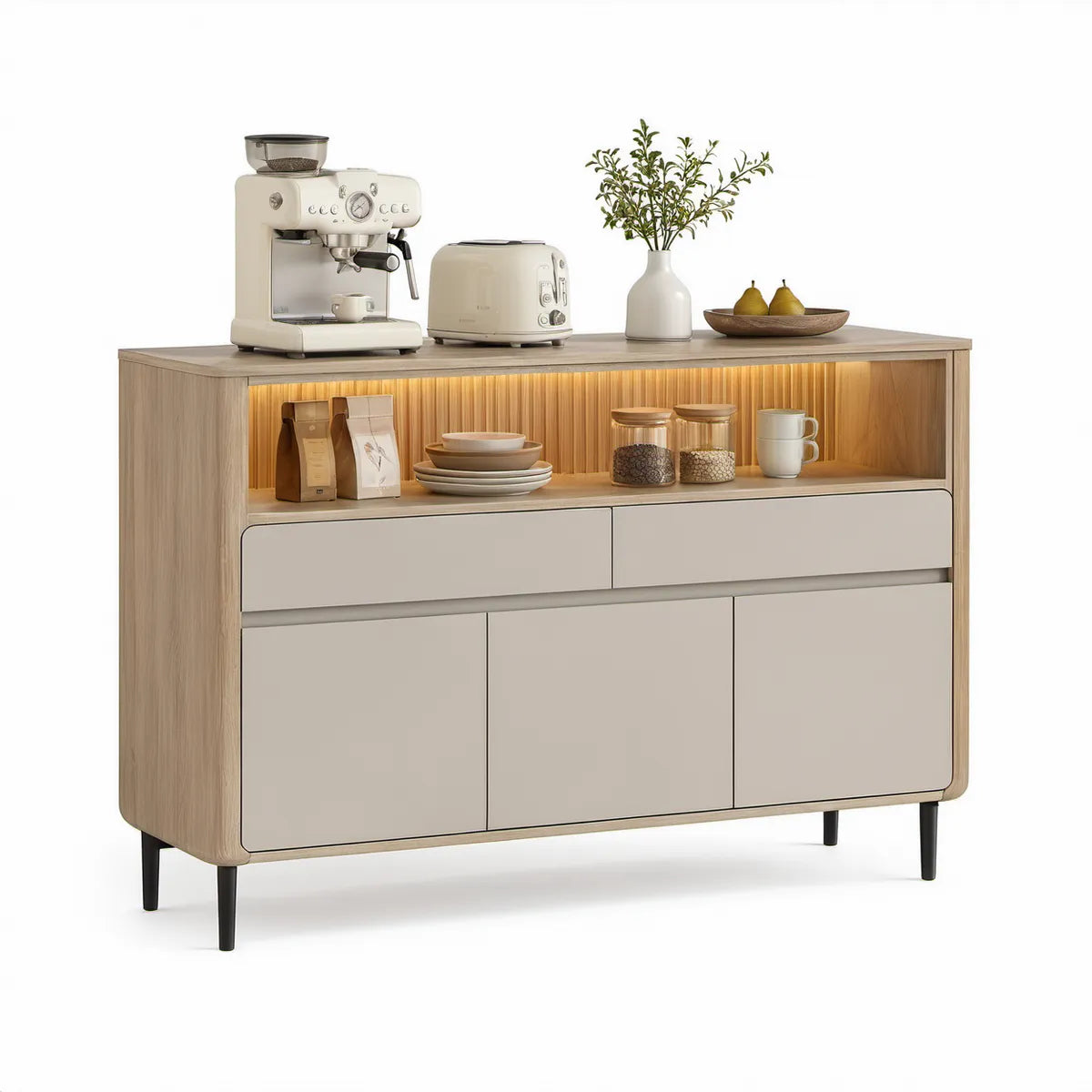 Køkkenskænk med 2 skuffer, 3 låger, LED-belyst åben hylde, 140 x 40 x 95 cm, natur/beige/sort